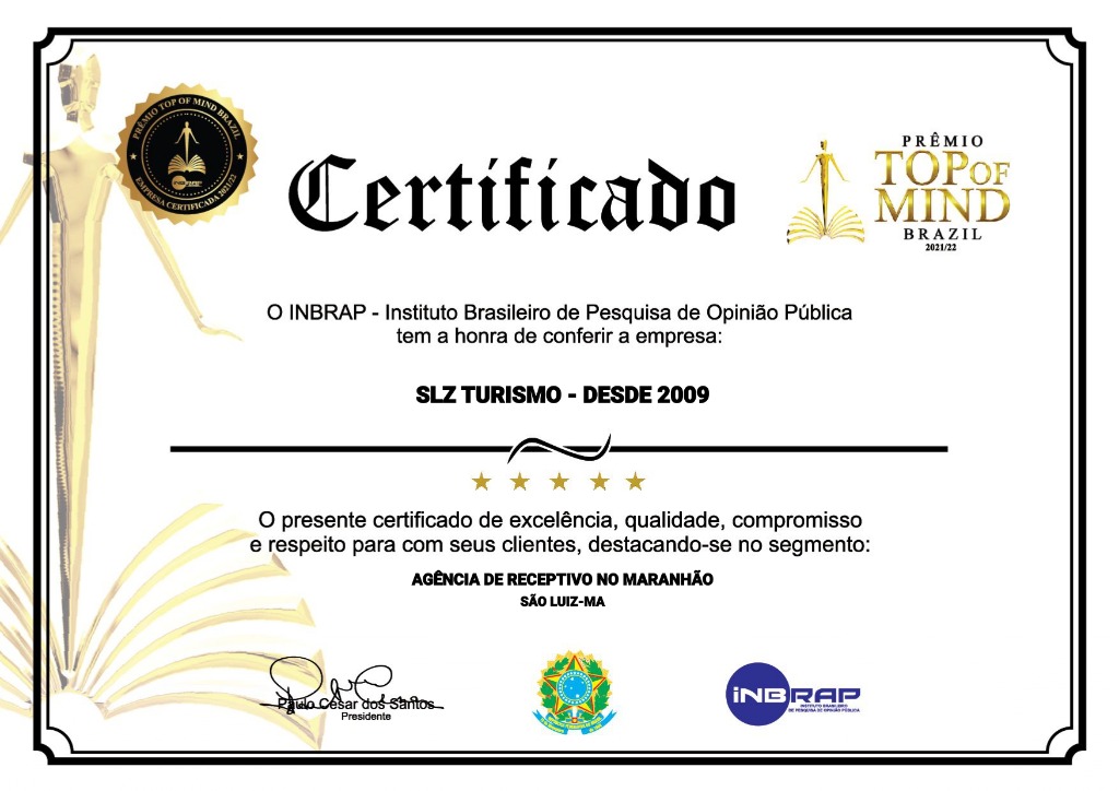 Certificado de Excelência INBRAP - SLZ Turismo Desde 2009 - Agência de Receptivo no Maranhão